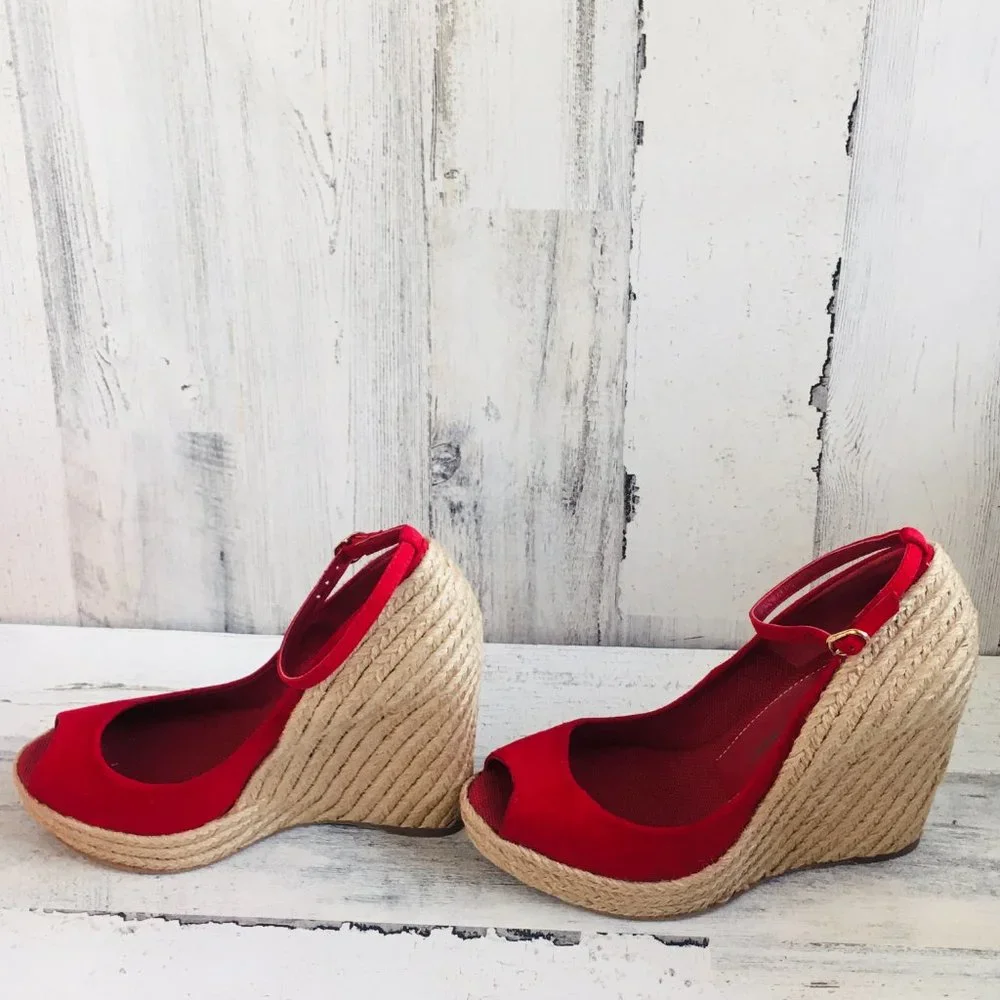 NIB Jean Michael Cazabat Zulaka Red Wedge Espadrille Ankle Strap Suede - Picture 4 of 10